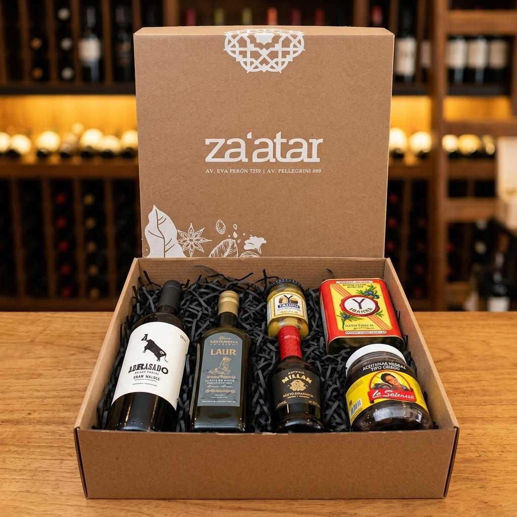 Una box de za'atar armada con vino, aceite, aceto y conservas